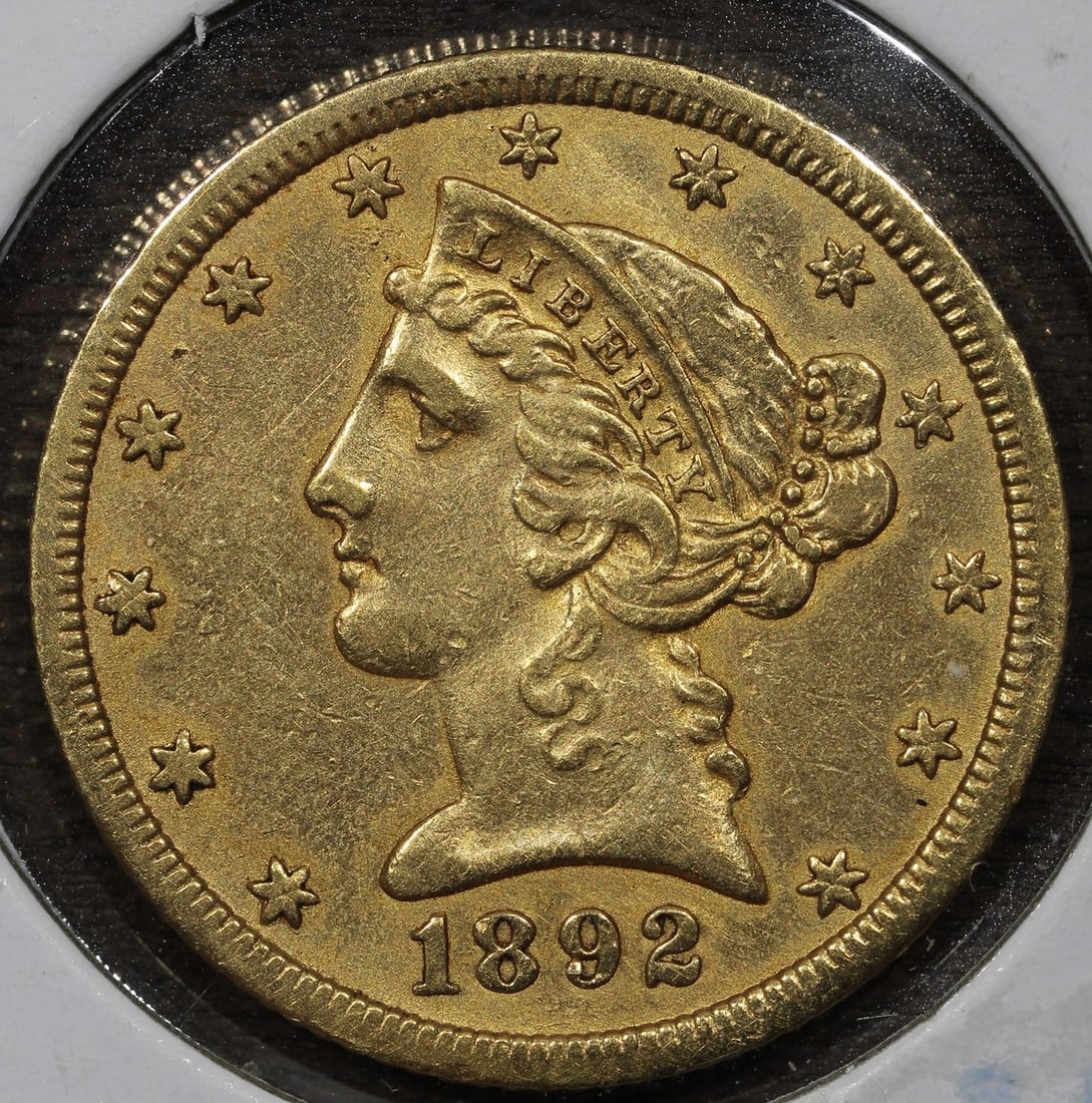 1892 Carson City $5 Liberty Head Gold Coin XF: 1892 Carson City $5 Liberty Head Gold Coin XF 1892-CC Liberty Head Gold Half Eagle $5 in XF Extra Fine condition. This pre-owned United States gold coin was minted in Carson City and features a 0.9 fi