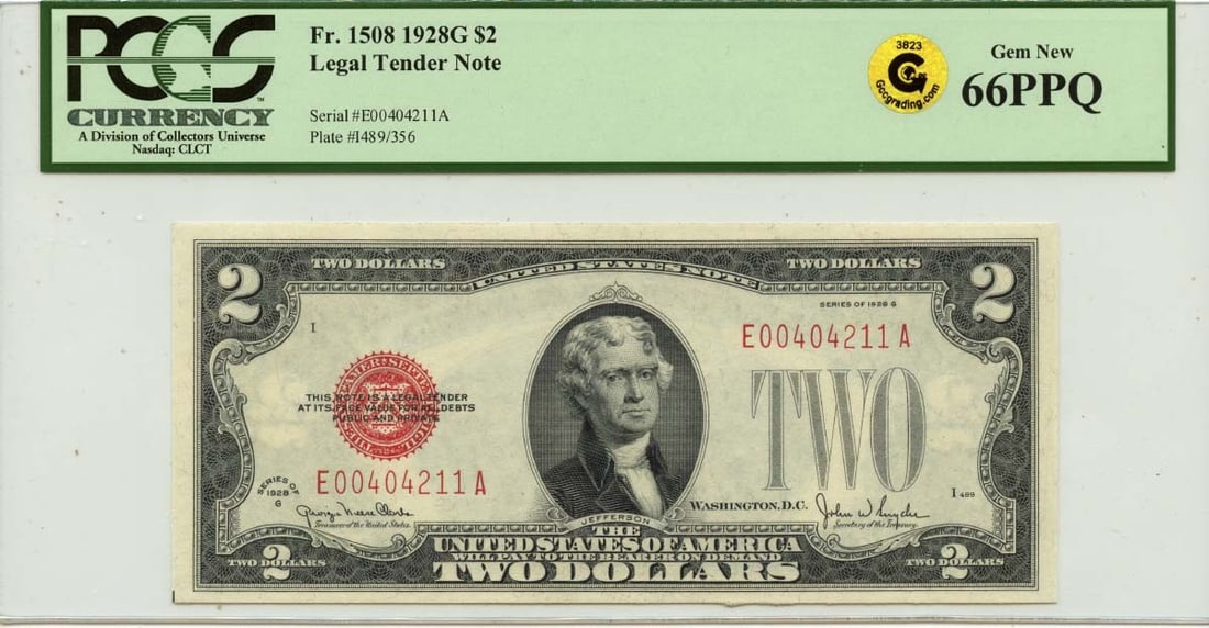 1928G $2 United States Legal Tender Note PCGS Gem 66 EPQ Fr 1508: 1928G $2 United States Legal Tender Note PCGS Gem 66 EPQ Fr 1508 1928G $2 Legal Tender Note, certified by PCGS Currency and graded 66 EPQ. This pre-owned note is uncirculated and identified as a Unite