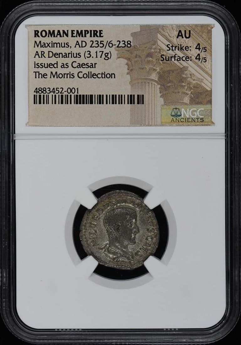 NGC AU Maximus Roman Empire AR Denarius AD 235 238: NGC AU Maximus Roman Empire AR Denarius AD 235 238 Roman Empire AR denarius of Maximus, dated AD 235/6-238. This pre-owned coin is certified by NGC and graded AU. Specifications Item Type: Coin Ruler: