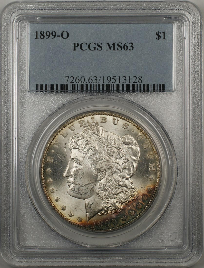 PCGS MS63 1899-O Morgan Silver Dollar Toned Uncirculated: PCGS MS63 1899-O Morgan Silver Dollar Toned Uncirculated 1899-O Morgan Silver Dollar $1 coin from the United States, graded MS-63 by PCGS and toned. This uncirculated silver coin is a pre-owned exampl