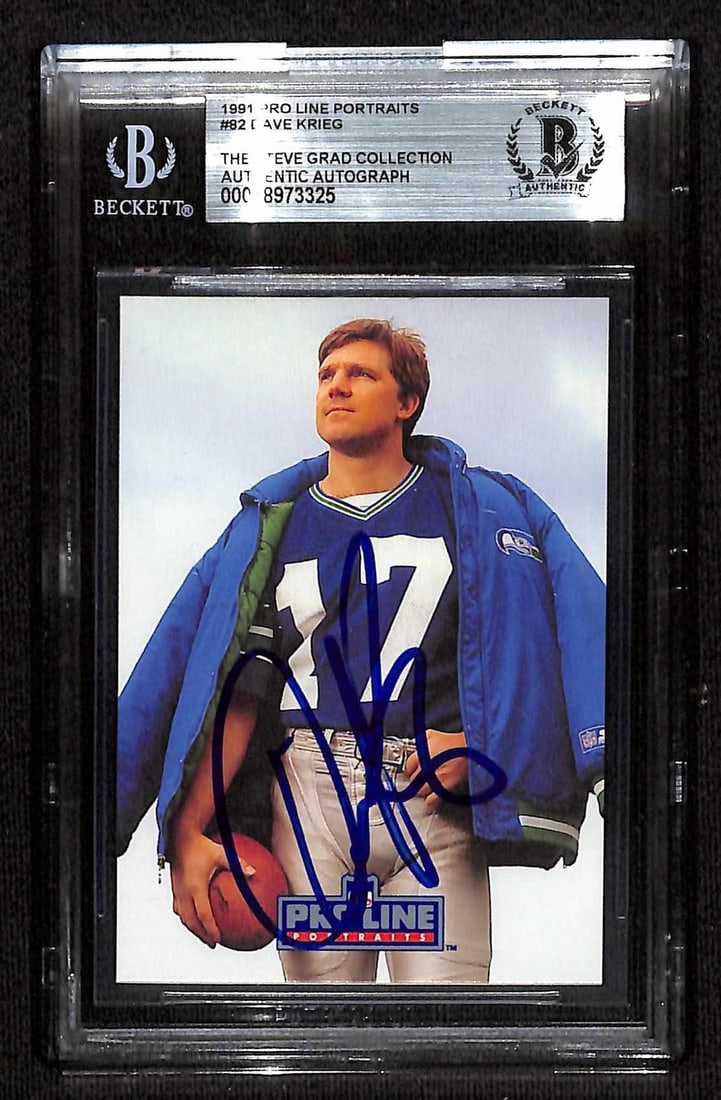 Beckett Authenticated 1991 Pro Line Portraits Dave Krieg Autograph Card: Beckett Authenticated 1991 Pro Line Portraits Dave Krieg Autograph Card This is a signed 1991 Pro Line Portraits football card featuring quarterback Dave Krieg. The card has been hand-signed by Dave K