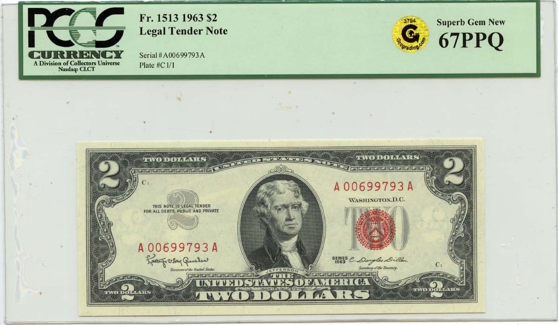 1963 $2 United States Legal Tender Note PCGS 67 PPQ: 1963 $2 United States Legal Tender Note PCGS 67 PPQ 1963 $2 Legal Tender Note graded by PCGS Currency as Superb Gem 67 PPQ. This un-used United States note is a pre-owned collectible with certificatio
