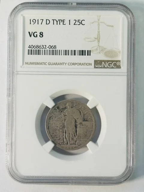 NGC VG-8 1917-D Standing Liberty Quarter Type 1 Silver: NGC VG-8 1917-D Standing Liberty Quarter Type 1 Silver 1917-D Standing Liberty Quarter, certified by NGC and graded VG-8. This pre-owned Type 1 silver quarter has a denomination of 1/4 dollar and was 