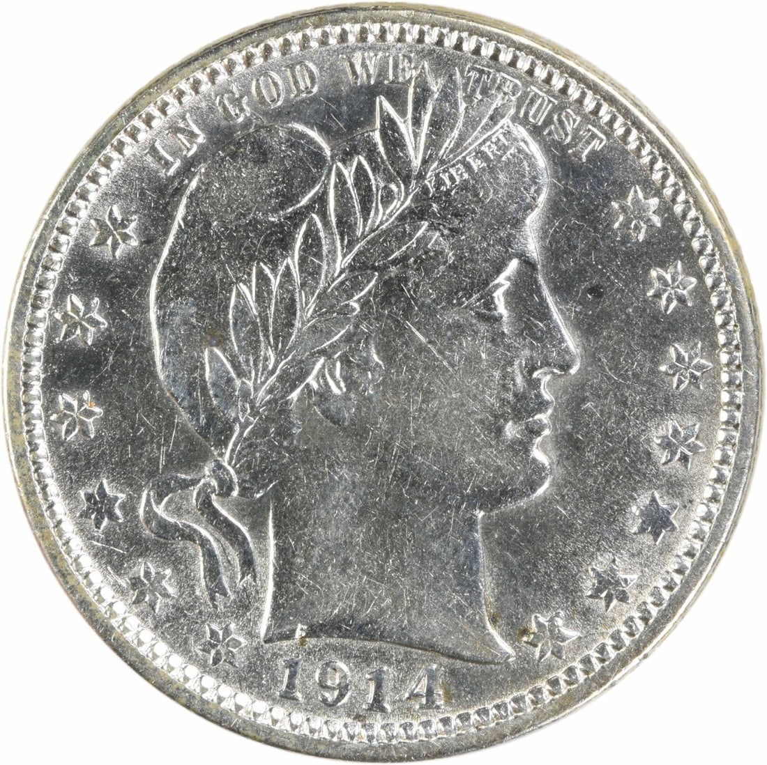 1914 25C Barber Quarter Silver AU Uncertified: 1914 25C Barber Quarter Silver AU Uncertified 1914 Barber quarter from the United States. This pre-owned coin is composed of silver and is listed as circulated with an AU grade. It is uncertified and 