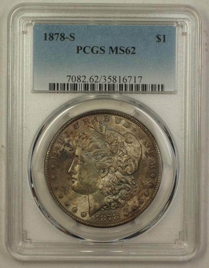 PCGS MS62 1878-S Morgan Dollar Silver Coin San Francisco Toned: PCGS MS62 1878-S Morgan Dollar Silver Coin San Francisco Toned This 1878-S US Morgan Silver Dollar is certified by PCGS with an MS-62 grade, indicating it is uncirculated and in pre-owned condition. T