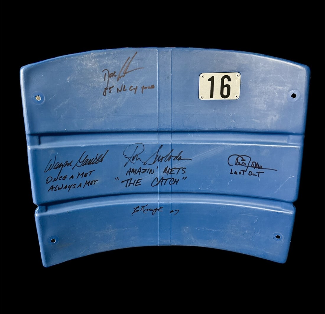 Shea Stadium Mets seat back autographs Gooden Garrett Swoboda Jones JSA: Shea Stadium Mets seat back autographs Gooden Garrett Swoboda Jones JSA This is an original Shea Stadium game-used seat back, signed by baseball players Dwight Gooden, Wayne Garrett, Ron Swoboda, and 