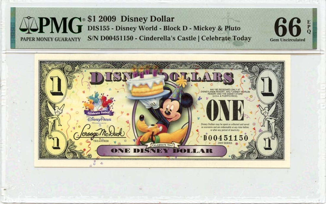 PMG MS66 2009 Disney Dollar Mickey Pluto Cinderella Castle Note (1 of 2)