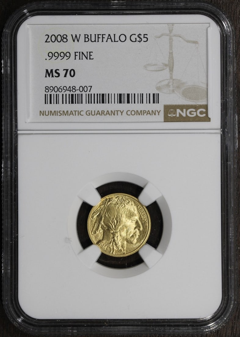 NGC MS70 2008-W American Buffalo G$5 1/10 oz .9999 Gold Coin: NGC MS70 2008-W American Buffalo G$5 1/10 oz .9999 Gold Coin Certified 2008-W American Buffalo $5 gold coin with a Mint State 70 grade from NGC. This pre-owned coin contains 1/10 oz of .9999 fine gold