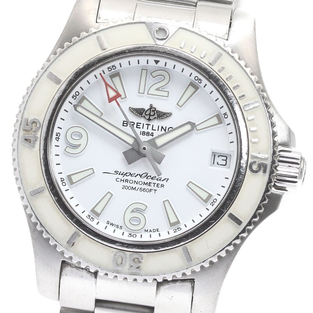 Breitling Superocean 2 36mm A17316 Automatic Date Wristwatch: Breitling Superocean 2 36mm A17316 Automatic Date Wristwatch Breitling Superocean II Automatic 36 wristwatch with automatic winding and date display. This unisex watch features a white dial with a sta