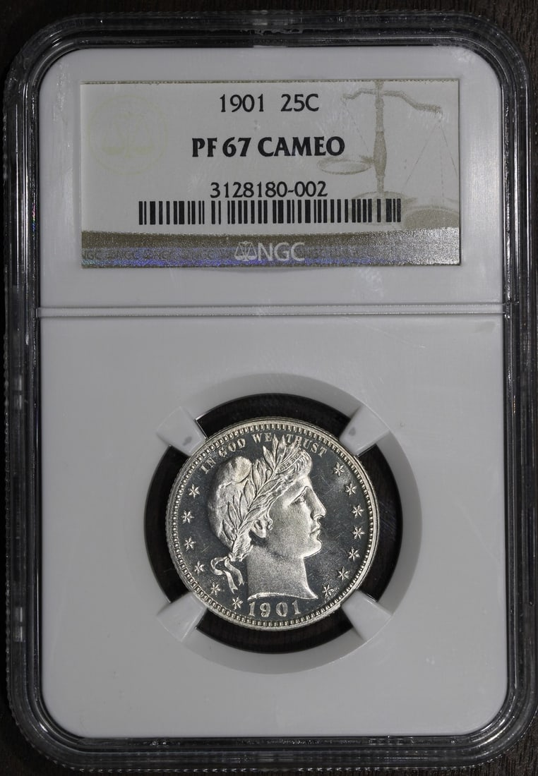NGC PF67 CAMEO 1901 Barber Quarter Proof 25C Silver Coin: NGC PF67 CAMEO 1901 Barber Quarter Proof 25C Silver Coin 1901 Proof Barber Quarter certified by NGC as PF67 Cameo. This pre-owned United States 25C coin features a silver composition and proof strike.