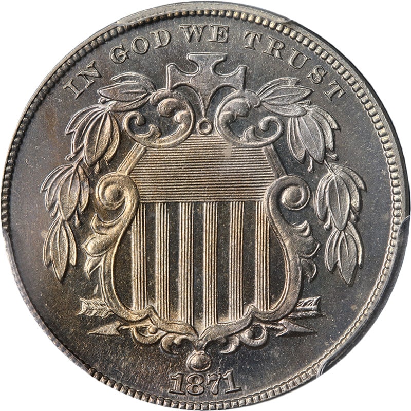 PCGS PR66 1871 Shield Nickel Uncirculated US Coin: PCGS PR66 1871 Shield Nickel Uncirculated US Coin Original 1871 Shield Nickel graded PCGS PR66. This uncirculated coin offers superb eye appeal, fantastic luster, a strong strike, pretty color, great 