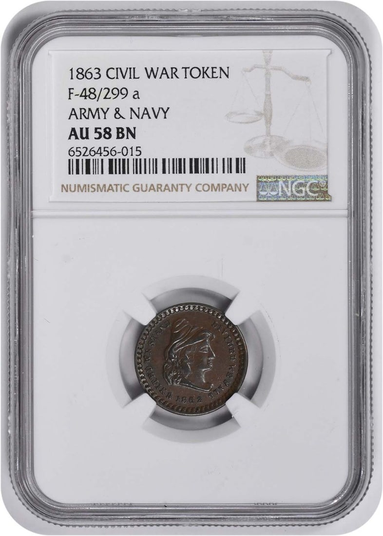NGC AU58BN 1863 Civil War Token Army and Navy 48 299a (1 of 2)