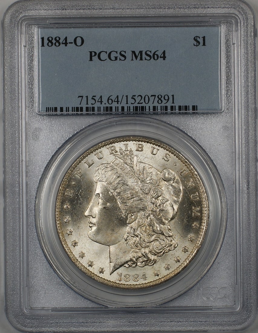PCGS MS-64 1884-O Morgan Dollar Silver $1 Coin: PCGS MS-64 1884-O Morgan Dollar Silver $1 Coin 1884-O Morgan Silver Dollar $1 coin graded MS-64 by PCGS. This United States silver coin is an uncirculated example from New Orleans and is offered in pr