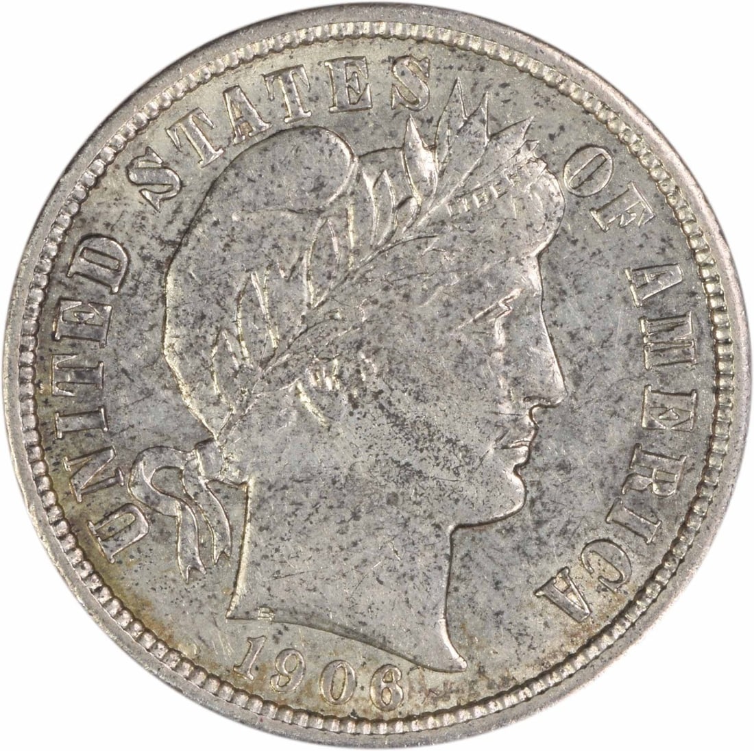 1906 United States Barber 10C Silver Dime AU Uncertified: 1906 United States Barber 10C Silver Dime AU Uncertified 1906 Barber silver dime in AU slider condition. This uncertified, pre-owned coin is a circulated example from the United States. Specifications