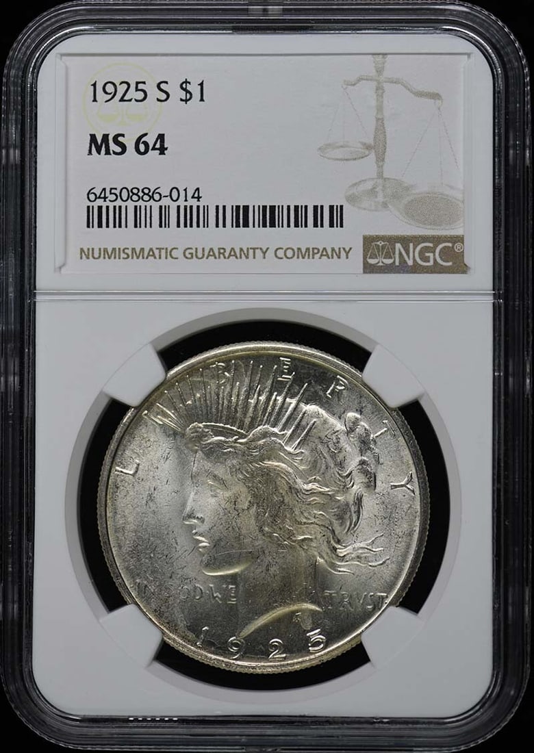 1925 S Peace Dollar NGC MS64 Uncirculated Coin: 1925 S Peace Dollar NGC MS64 Uncirculated Coin This 1925 Peace Dollar is a remarkable piece of numismatic history, graded MS64 by NGC, ensuring its uncirculated condition. Minted in Philadelphia, this