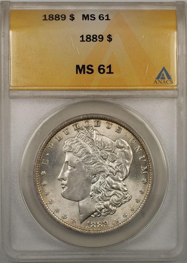 1889 ANACS MS-61 Morgan Silver Dollar $1 Uncirculated: 1889 ANACS MS-61 Morgan Silver Dollar $1 Uncirculated 1889 Morgan Silver Dollar $1 coin graded MS-61 by ANACS. This uncirculated silver coin was minted in the United States and identified as a Philade