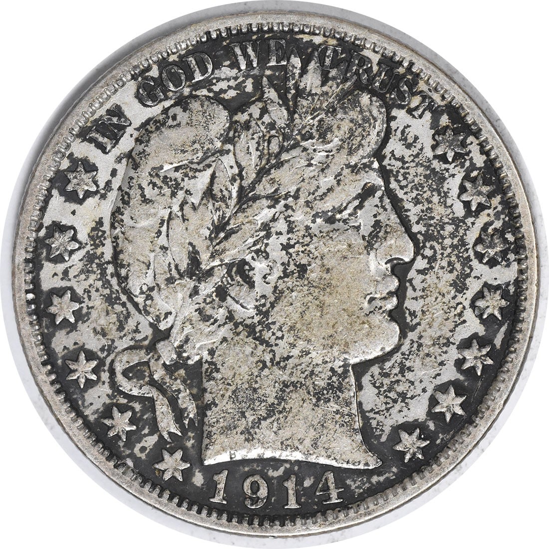1914 S 50C Barber Half Dollar Silver VF Uncertified: 1914 S 50C Barber Half Dollar Silver VF Uncertified 1914-S Barber Half Dollar in circulated VF condition. This pre-owned United States 50C coin is an uncertified silver issue from the Barber series. S