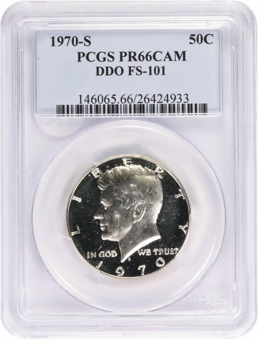 PCGS PR66CAM 1970 S Kennedy 50C Silver Proof FS-101 DDO: PCGS PR66CAM 1970 S Kennedy 50C Silver Proof FS-101 DDO 1970-S Kennedy Half Dollar DDO FS-101 proof coin graded PR66CAM by PCGS. This pre-owned United States 50C coin features a silver composition and
