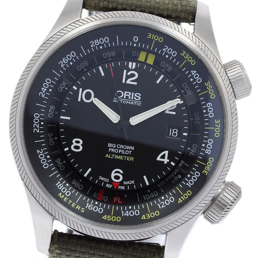 ORIS Big Crown ProPilot Altimeter mens automatic date watch ref 01 733 7705 4164-set5: ORIS Big Crown ProPilot Altimeter mens automatic date watch ref 01 733 7705 4164-set5 ORIS Big Crown ProPilot Altimeter Date men's wristwatch with an automatic movement and black dial. This watch feat