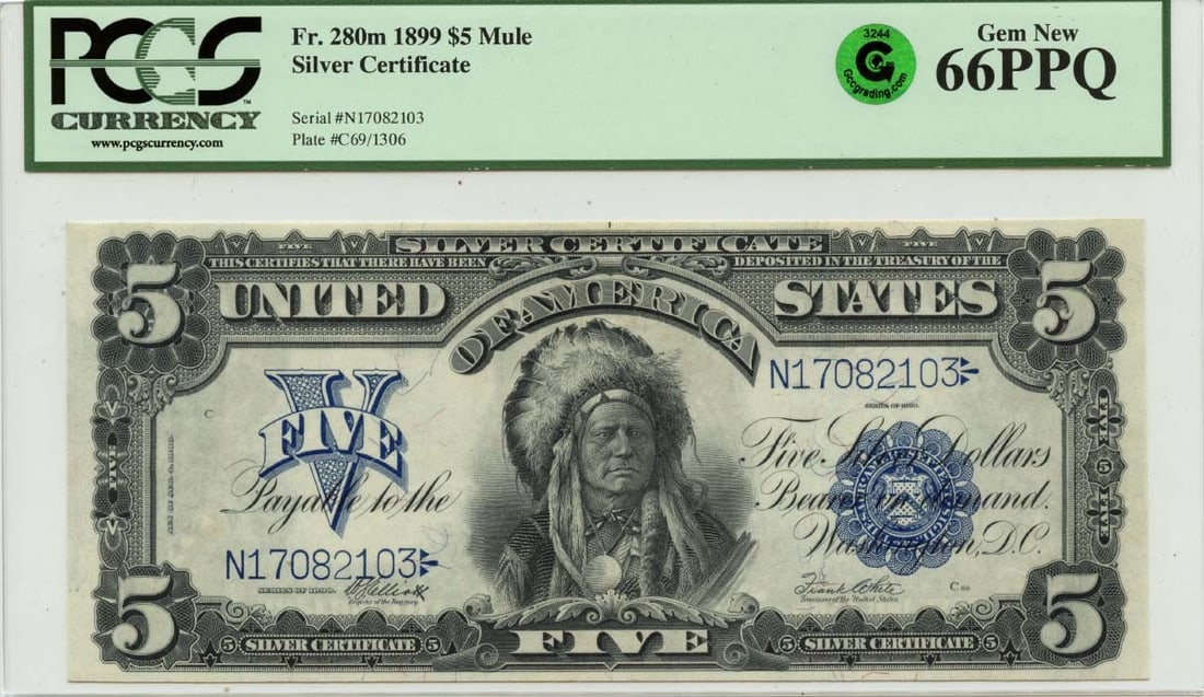 PCGS 66 PPQ 1899 $5 Silver Certificate FR#280m Mule Green Chief: PCGS 66 PPQ 1899 $5 Silver Certificate FR#280m Mule Green Chief 1899 $5 Silver Certificate mule note, cataloged as FR#280m and graded PCGS Currency Gem 66 PPQ. This pre-owned United States note is an 
