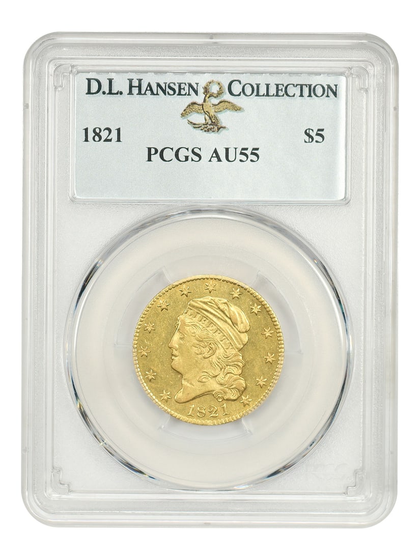 1821 Capped Bust Half Eagle $5 Gold Coin PCGS AU55 ex D.L. Hansen: 1821 Capped Bust Half Eagle $5 Gold Coin PCGS AU55 ex D.L. Hansen 1821 Capped Bust $5 gold coin, certified PCGS AU55 and pedigreed ex: D.L. Hansen. Mint records indicate that 34,641 coins were struck 
