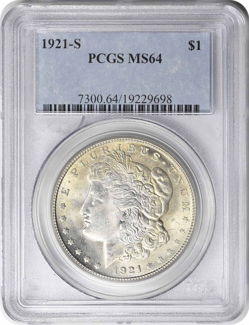 PCGS MS64 1921-S Morgan Dollar $1 Silver Coin: PCGS MS64 1921-S Morgan Dollar $1 Silver Coin 1921-S Morgan Silver Dollar certified by PCGS and graded MS64. This uncirculated United States $1 coin is struck in 90% silver and 10% copper and features