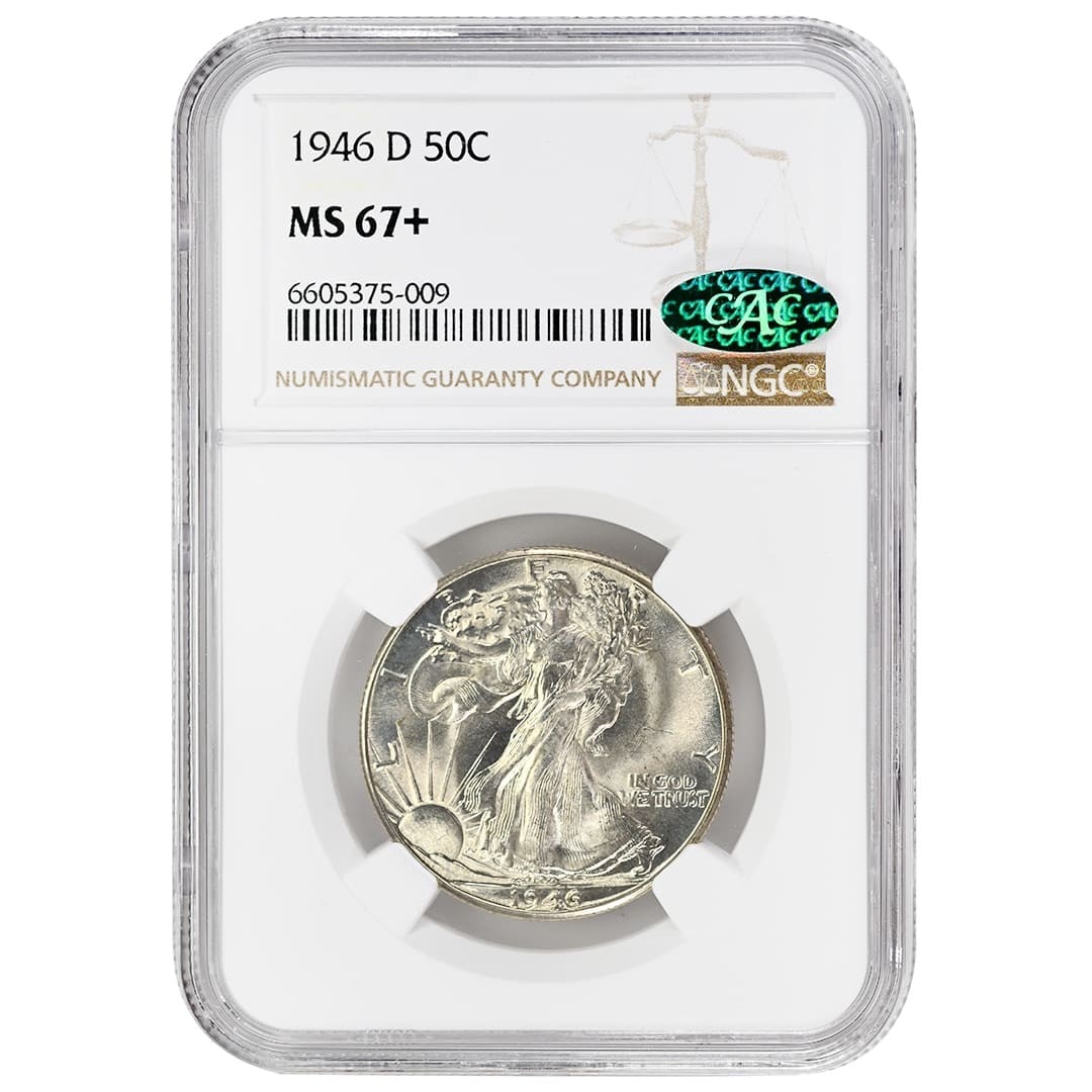 NGC MS67+ CAC 1946-D Walking Liberty 50C Silver Half Dollar: NGC MS67+ CAC 1946-D Walking Liberty 50C Silver Half Dollar 1946-D Walking Liberty Half Dollar certified by NGC and CAC. This uncirculated silver coin is graded MS67+ and identified as a Denver Mint i