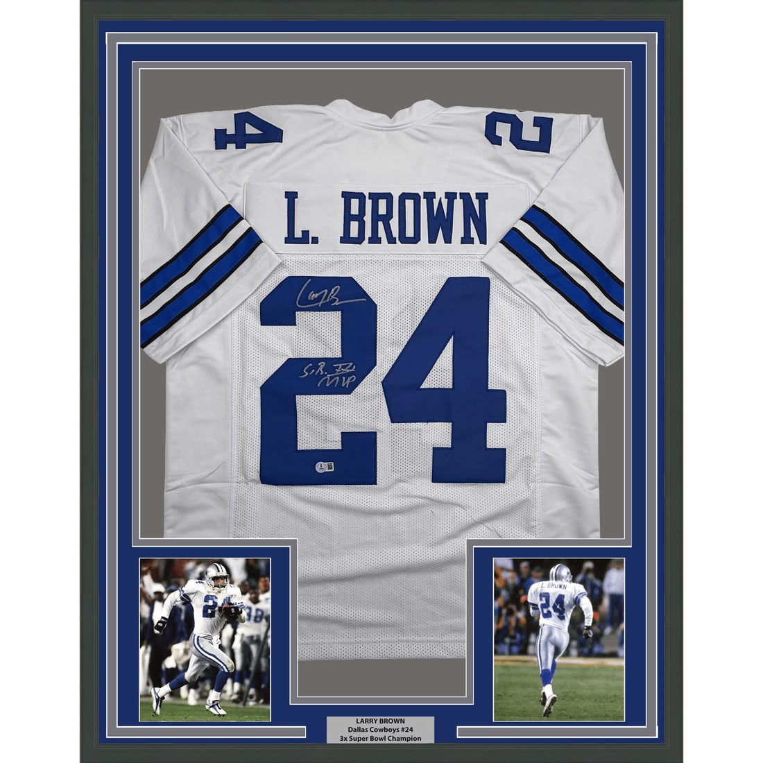 Larry Brown signed Dallas Cowboys football jersey framed 35x39 JSA COA: Larry Brown signed Dallas Cowboys football jersey framed 35x39 JSA COA Professionally framed and matted autographed Larry Brown football jersey display featuring a white Dallas jersey and two 5x7 phot