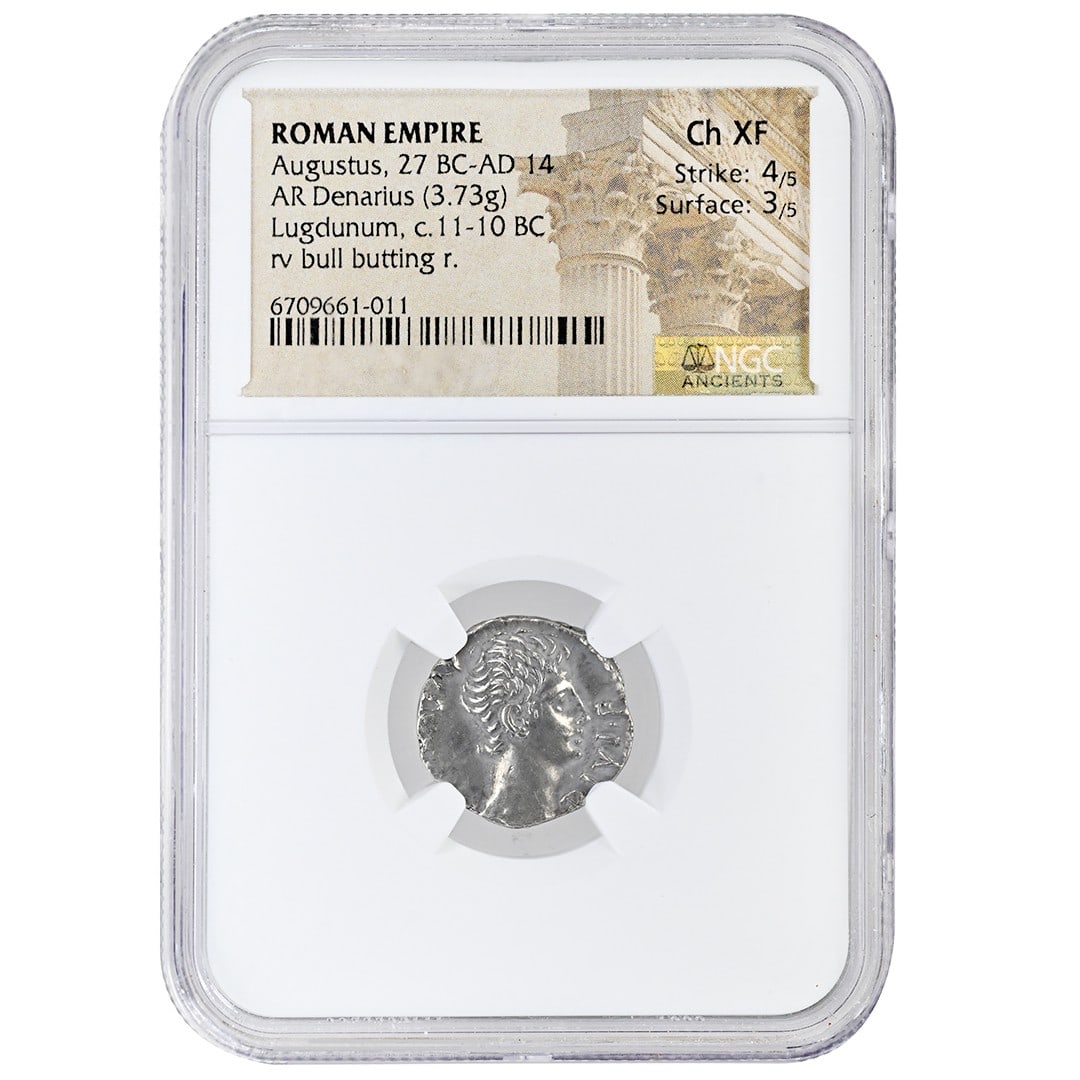 Augustus Roman Empire silver denarius Lugdunum bull reverse NGC (1 of 2)