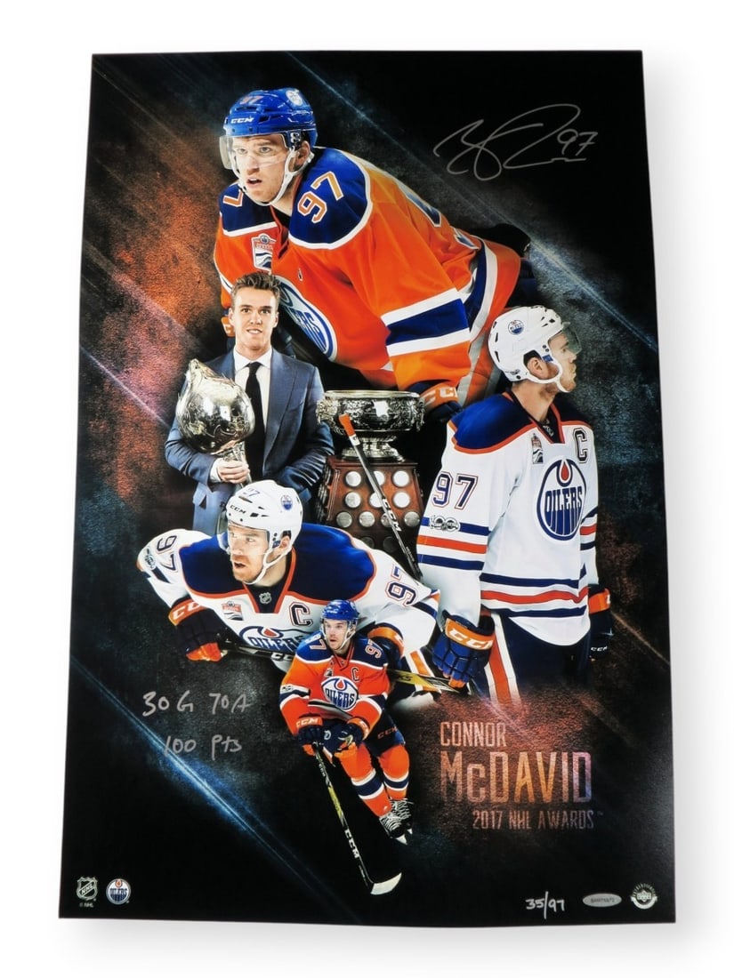 Connor McDavid signed 16X24 original photo Upper Deck authenticated: Connor McDavid signed 16X24 original photo Upper Deck authenticated Original Connor McDavid autographed photo featuring a 2017 NHL Awards stat inscription and numbered 35/97. The item is an original, 