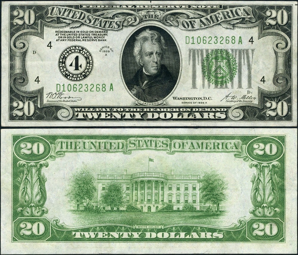1928-A Cleveland D-A Block $20 Federal Reserve Note Fr. 2051 D XF+ (1 of 3)