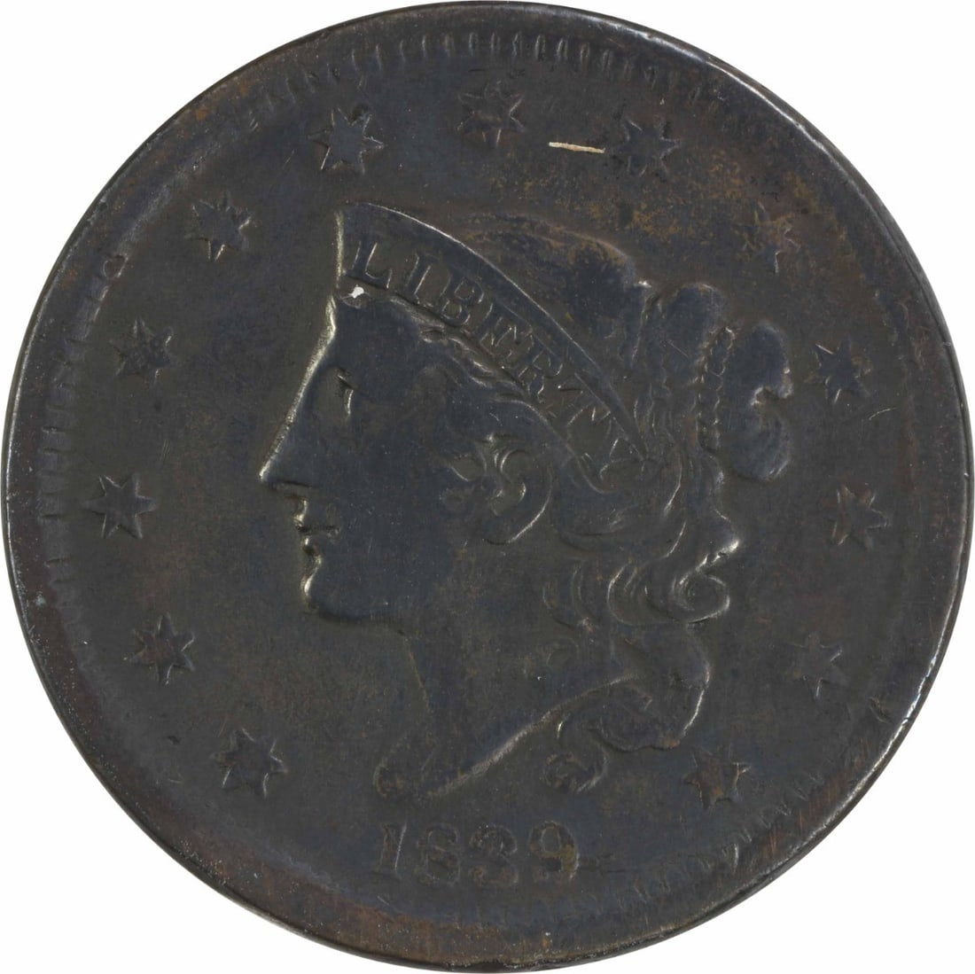 1839 Coronet Head Large Cent VF Copper Uncertified: 1839 Coronet Head Large Cent VF Copper Uncertified 1839 United States Large Cent featuring the Coronet Head design, identified as the Head of 1838 variety. This pre-owned coin is circulated and graded