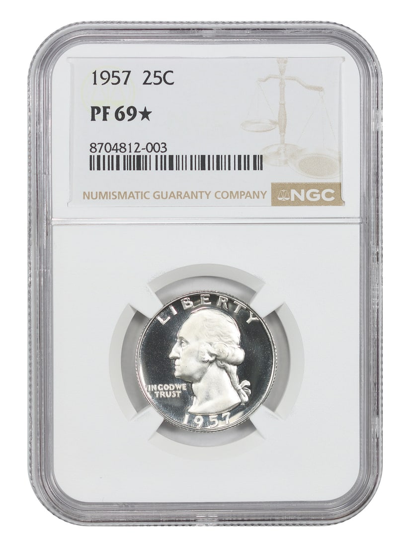 NGC PR69 Star 1957 Washington Quarter 25C: NGC PR69 Star 1957 Washington Quarter 25C 1957 Washington Quarter certified by NGC in PR69 Star. This uncirculated 25C coin was struck at the Philadelphia Mint and is offered as a pre-owned piece. Spe