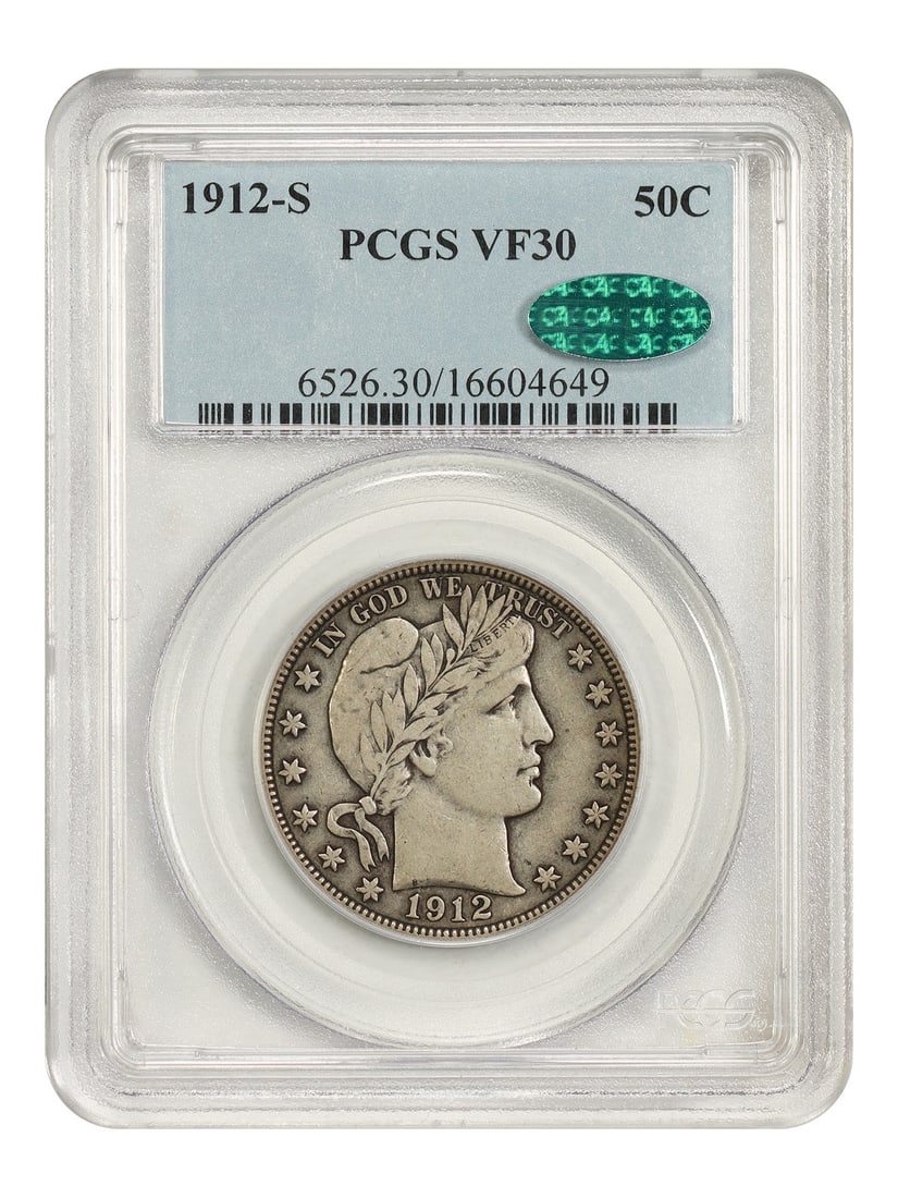 Barber Half Dollar 1912 S 50C PCGS CAC VF30: Barber Half Dollar 1912 S 50C PCGS CAC VF30 1912-S Barber Half Dollar certified by PCGS and carrying a CAC designation. This circulated example is graded VF30 and is offered as a pre-owned coin. Speci