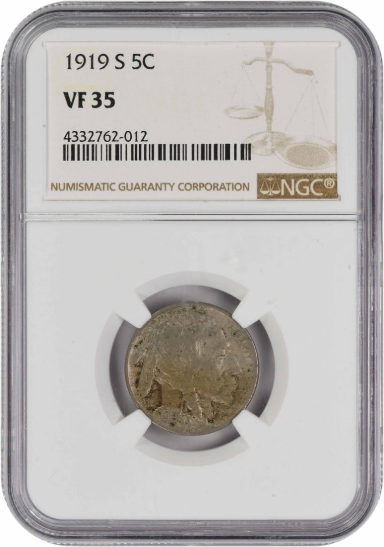 1919-S Buffalo Nickel VF35 NGC Certified Coin: 1919-S Buffalo Nickel VF35 NGC Certified Coin This 1919-S Buffalo Nickel is a remarkable piece of American numismatic history. Featuring the iconic Buffalo design by James Earle Fraser, this coin show