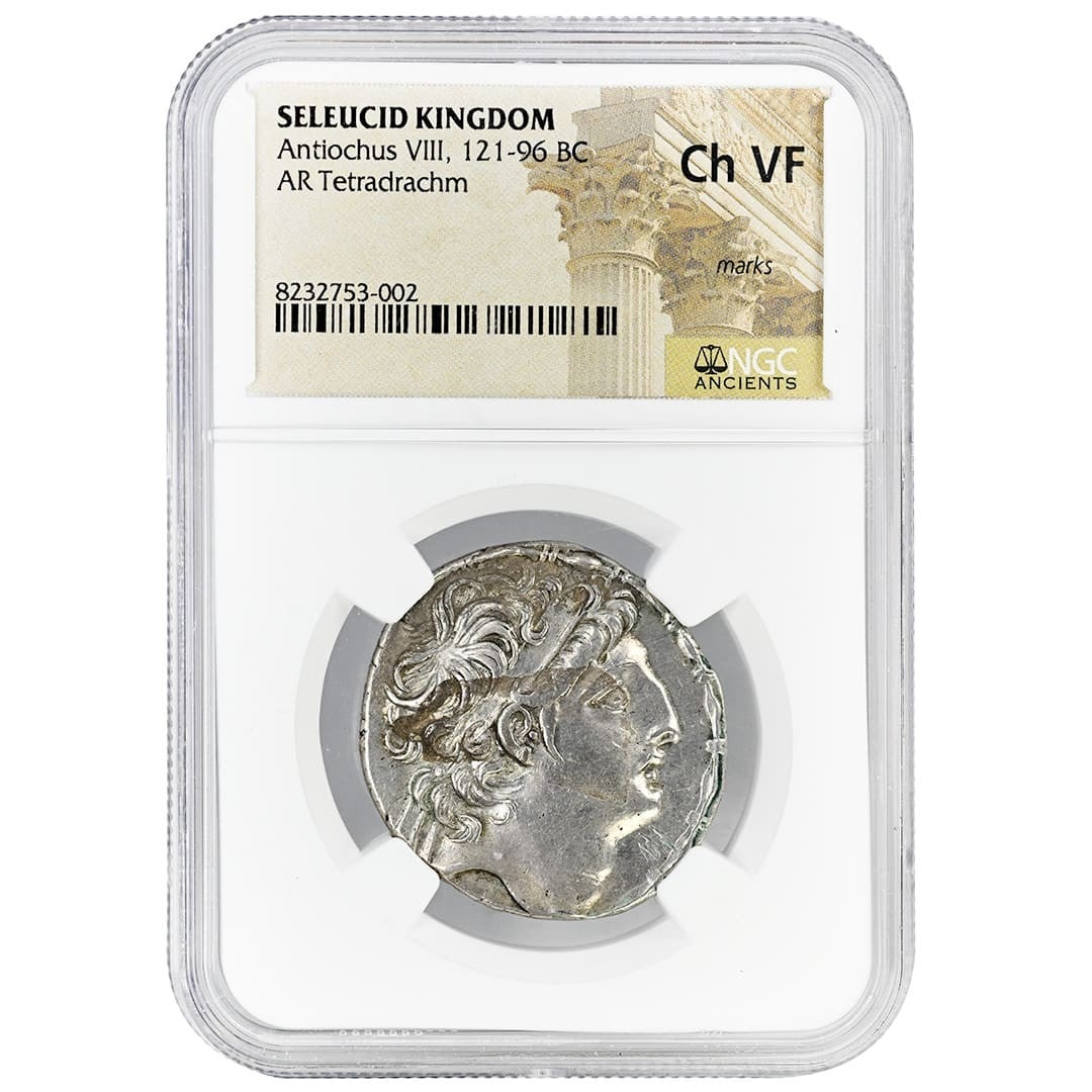 NGC Ch VF Silver Tetradrachm of Antiochus VIII Seleucid Kingdom 121-96 BC: NGC Ch VF Silver Tetradrachm of Antiochus VIII Seleucid Kingdom 121-96 BC Ancient Seleucid Kingdom silver tetradrachm of Antiochus VIII, dated 121-96 BC. This pre-owned coin features a diademed portra