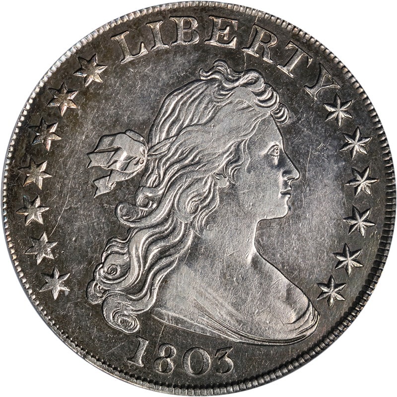 1803 Small 3 Draped Bust Silver Dollar PCGS XF Details: 1803 Small 3 Draped Bust Silver Dollar PCGS XF Details 1803 Bust Dollar Small 3 certified by PCGS with XF Details. This circulated silver coin is identified as a key date and is noted for strong eye a