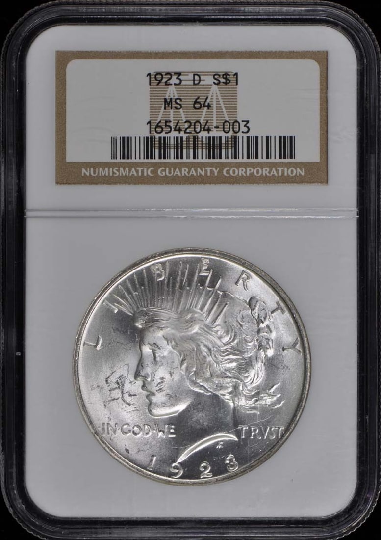 1923-D NGC MS64 Uncirculated Peace Dollar Coin: 1923-D NGC MS64 Uncirculated Peace Dollar Coin This 1923-D Peace Dollar is a stunning example of American numismatics, certified by NGC with a grade of MS64. Struck in Denver, this uncirculated coin f