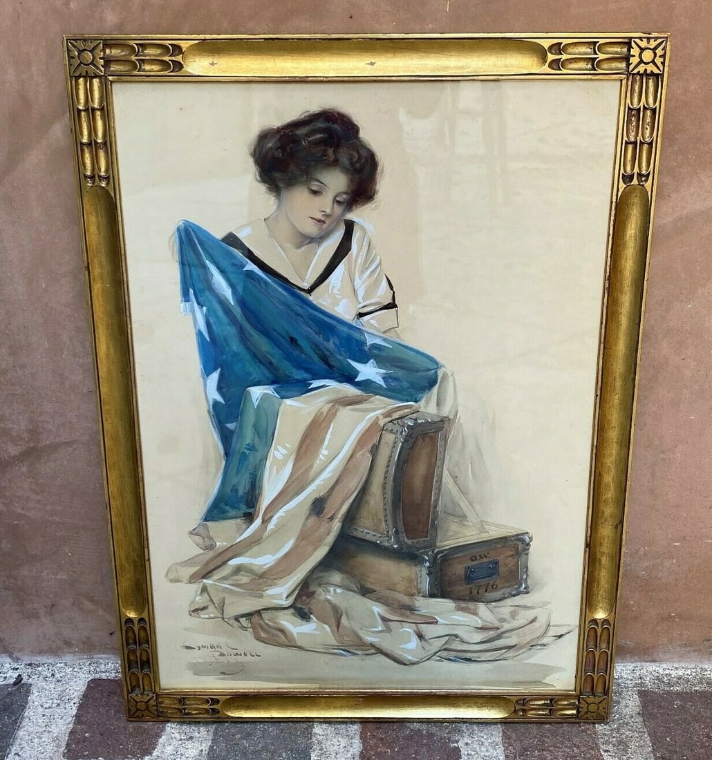 1913 Framed Watercolor on Paper by Lyman Powell Washington Flag Scene: 1913 Framed Watercolor on Paper by Lyman Powell Washington Flag Scene Original 1913 watercolor painting on paper by listed American artist Lyman Powell, depicting a girl holding a Washington flag besi