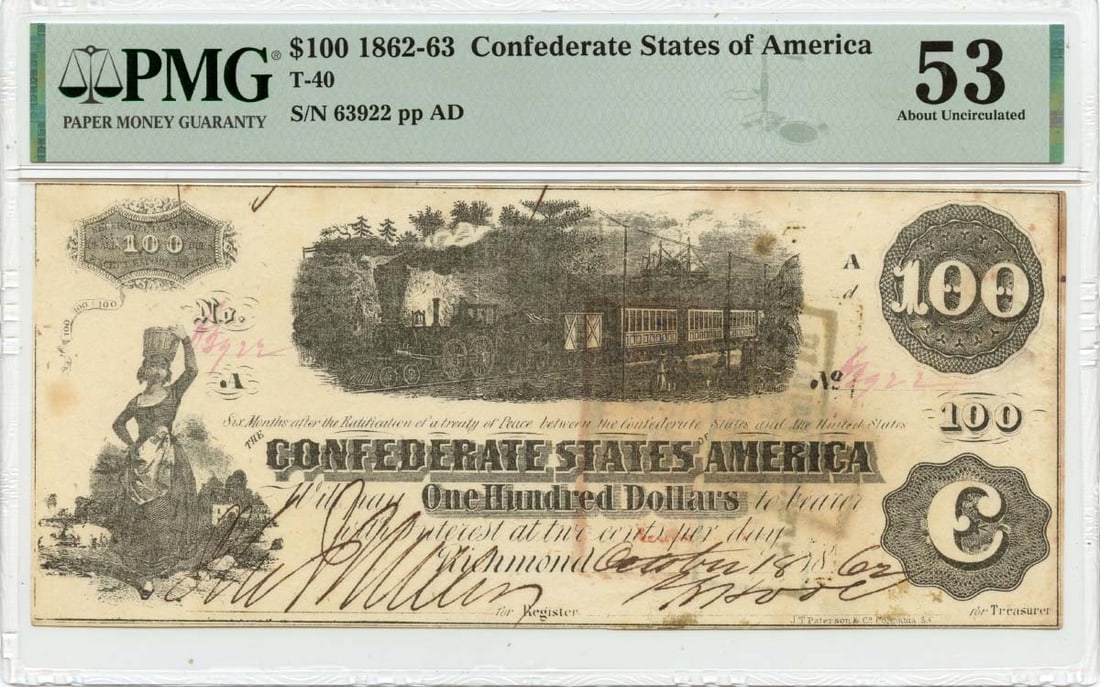 PMG AU53 1862 Confederate States of America T-40 $100 Note (1 of 2)