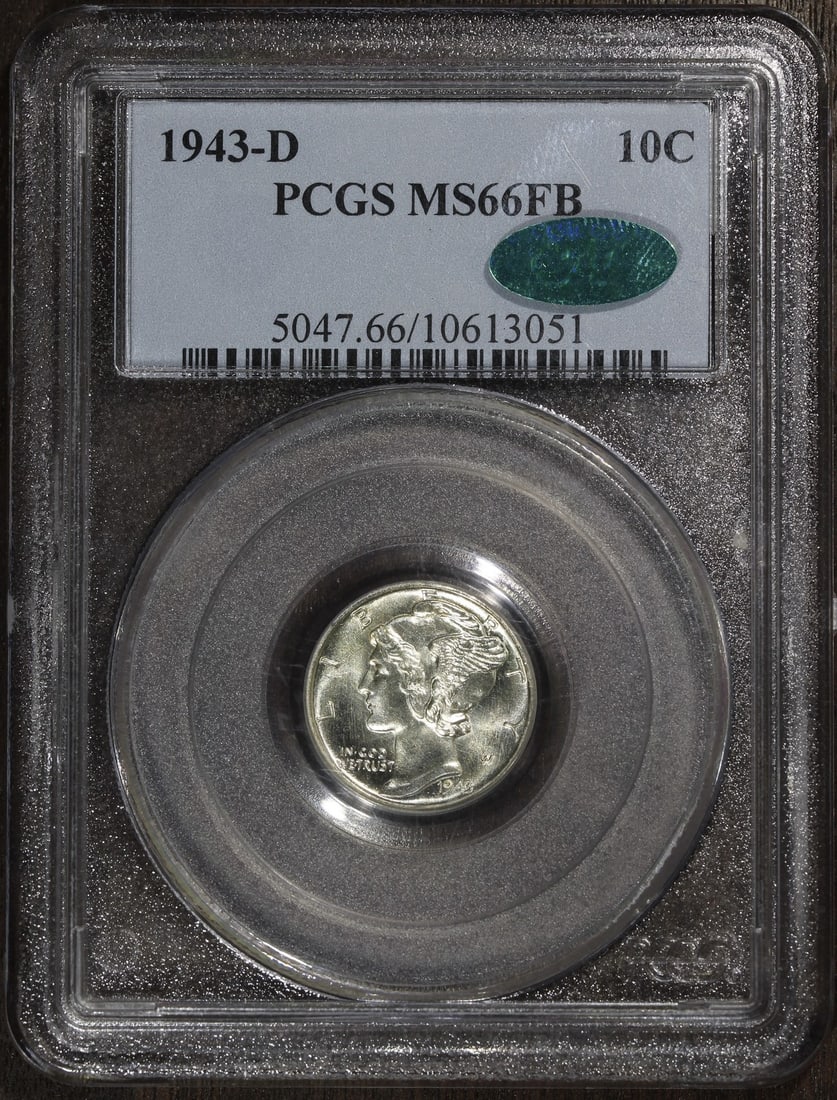 PCGS MS66FB CAC 1943-D Mercury Silver Dime 10C: PCGS MS66FB CAC 1943-D Mercury Silver Dime 10C 1943-D Mercury dime graded MS66 by PCGS with CAC approval. This pre-owned silver 10C coin is identified as a Mercury variety and is noted for its nice su