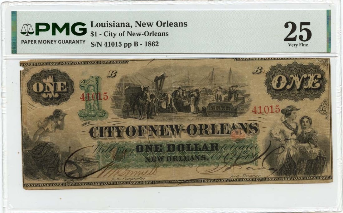PMG VF25 1862 City of New-Orleans Louisiana $1 Obsolete Note (1 of 2)