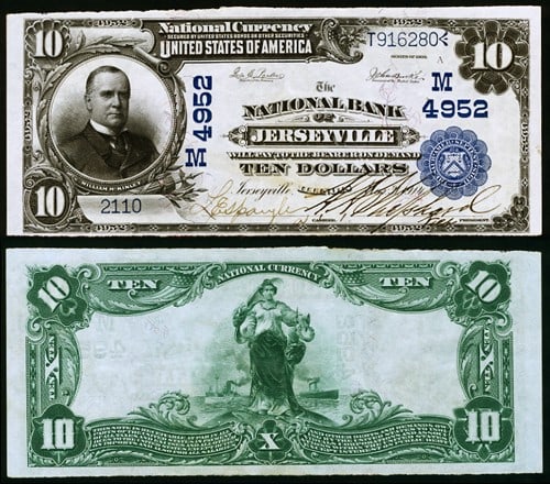 1902 $10 Jerseyville IL National Bank Note Ch #4952 AU: 1902 $10 Jerseyville IL National Bank Note Ch #4952 AU This $10 National Bank Note from Jerseyville, IL, issued in 1902, showcases wonderful originality with vibrant colors and strong inked signatures