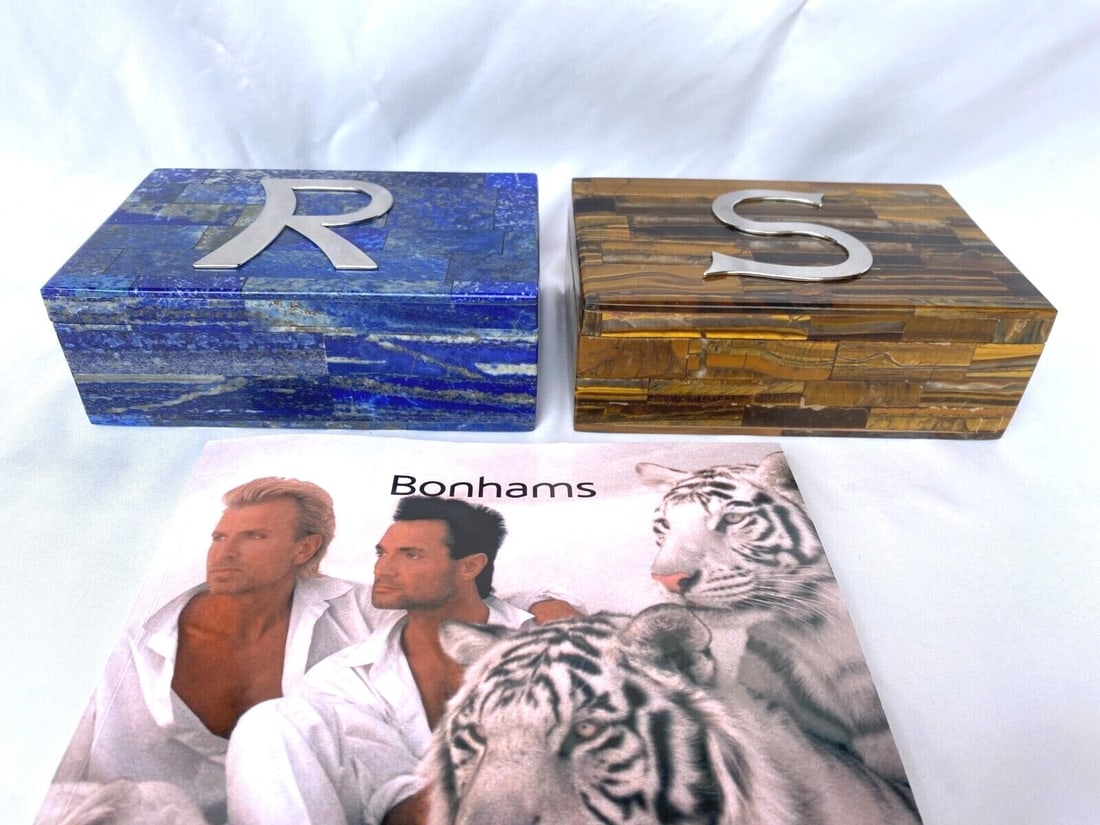 Pair of French Lapis and Tiger Eye Monogrammed Covered Boxes: Pair of French Lapis and Tiger Eye Monogrammed Covered Boxes Pair of French covered boxes from the estate of Siegfried & Roy, featuring one lapis box with an R monogram and one tiger eye box with an S