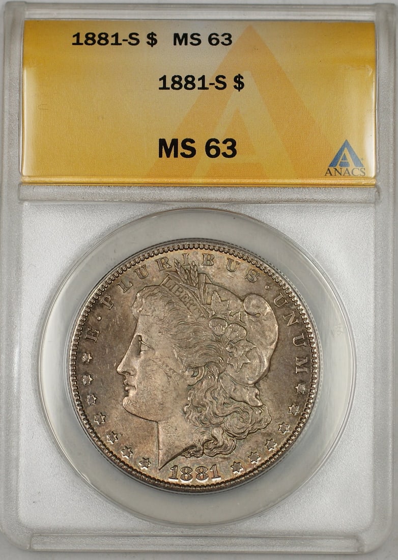 Toned 1881 San Francisco Morgan Silver Dollar ANACS MS63: Toned 1881 San Francisco Morgan Silver Dollar ANACS MS63 This is an 1881-S Morgan Silver Dollar $1 coin graded MS-63 by ANACS. The coin is uncirculated and features natural toning. It was minted in Sa