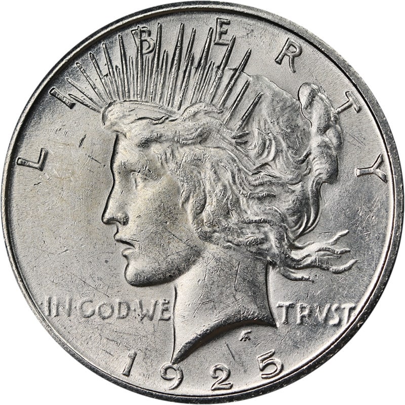 1925 S Peace Dollar Silver Uncirculated BU Bright White Coin: 1925 S Peace Dollar Silver Uncirculated BU Bright White Coin 1925-S Peace Dollar silver coin with a Nice BU grade and uncirculated status. This pre-owned coin is described as having nice eye appeal, n