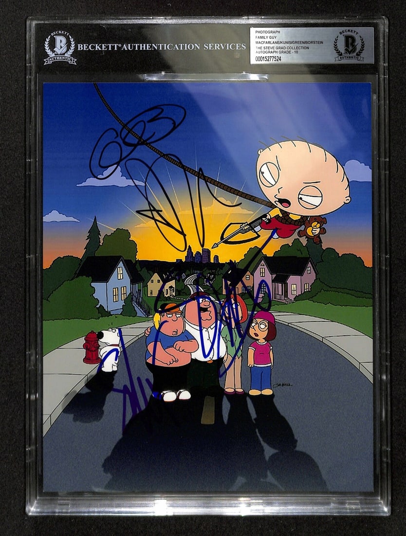 Beckett 10 Graded Family Guy Cast Signed 8x10 Photo: Beckett 10 Graded Family Guy Cast Signed 8x10 Photo Original autographed 8x10 color photograph from Family Guy, signed by four cast members: Seth MacFarlane, Alex Borstein, Seth Green, and Mila Kunis.