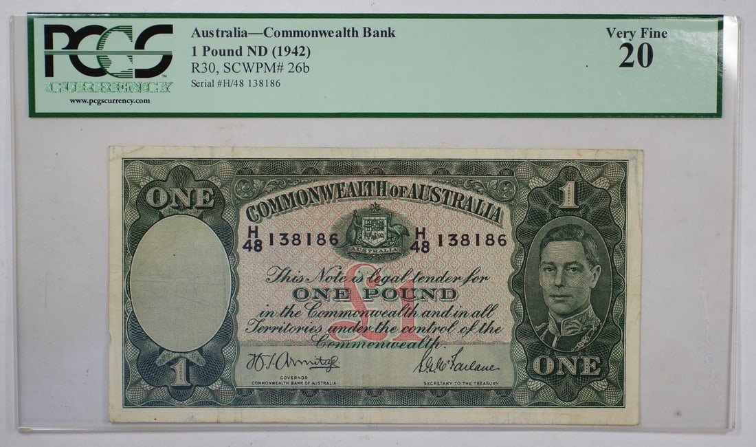 PCGS Graded Australia 1 Pound Commonwealth Banknote 1942 Very Fine 20 (1 of 2)