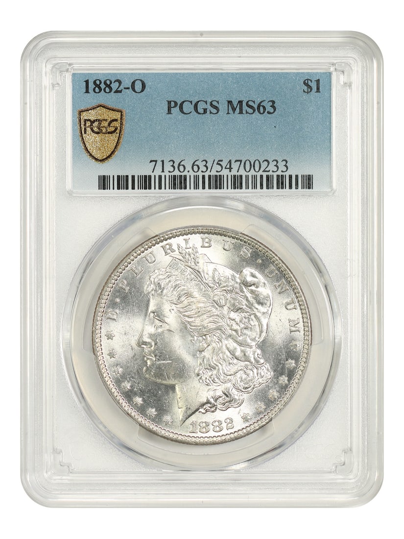 1882 O Morgan Silver Dollar PCGS MS63 New Orleans Mint: 1882 O Morgan Silver Dollar PCGS MS63 New Orleans Mint 1882-O Morgan Dollar certified by PCGS in MS63 grade. This uncirculated New Orleans issue is considered a rather common date in the Morgan dollar