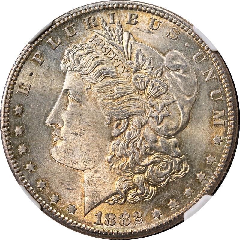 NGC MS63 1882-S Morgan Dollar with Obverse Toning: NGC MS63 1882-S Morgan Dollar with Obverse Toning This is an 1882-S Morgan Silver Dollar graded MS63 by NGC. The coin features obverse toning and is composed of 90% silver. It was minted in San Franci